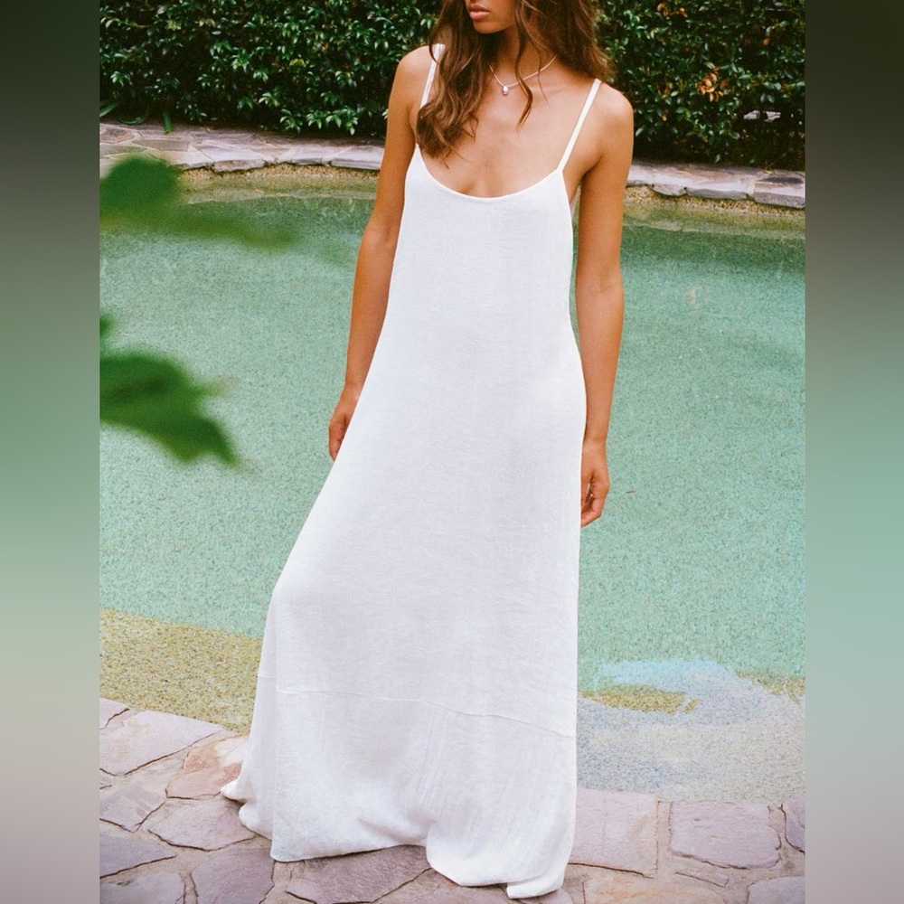 Vitamin A Mari Maxi Dress White Crinkle Linen Cotton Swim Coverup Dress
